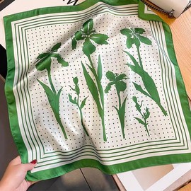 GIMIRO Imitation Silk Scarf [53 x 53 cm] Square Scarves Impressionism Pattern Vintage Scarf for Office Work or Casual Waistband, 61# H01 White/Green Iris