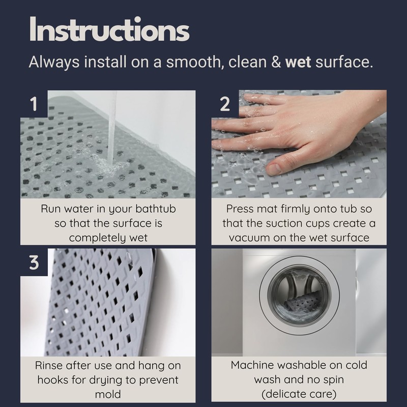 homerella® Bathtub Mat Non Slip 35x16, Incl. Hooks for Drying,