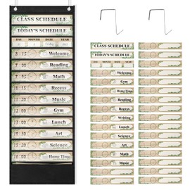 13+1 Daily Schedule Pocket Chart, Visual Schedule for Kids with 2 Hangers 22 Designed Cards, Fun Boho Routine Calendar Chart, Scheduling Pocket Chart for Classroom Supplies (Black)
