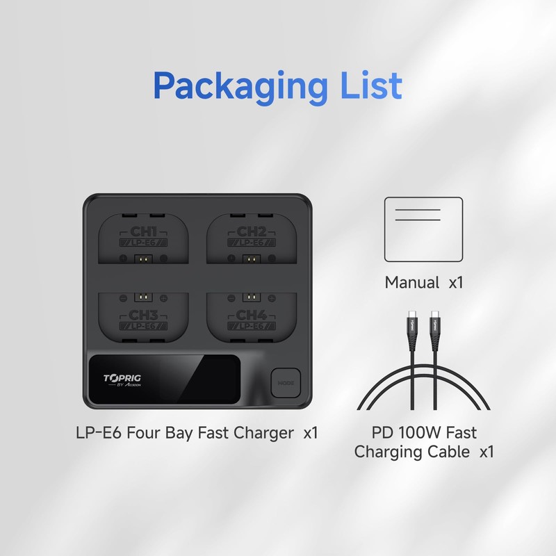 ACCSOON Toprig 4-Bay LP-E6 Battery Charger PD60W Fast Charger LCD