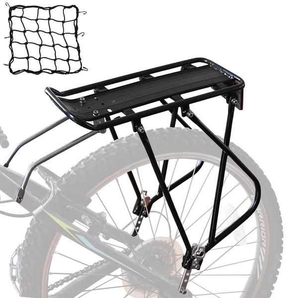 Bike Cargo Rack w/Bungee Cargo Net & Reflective Logo Universal Adjustable Bicycle Rear Luggage Touring Carrier Racks 55lbs Capacity Quick Release Mountain Road Bike Pannier Rack for 26"-29" Frames