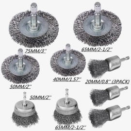 MIKILIKIEN Drill Wire Wheel Cup Brush Set 9 Piece, 0.010in Coarse Carbon Steel Crimping Wire Wheel, Thicken Face Width with1/4In Hex Shank - for Power Drill Paint Rust Removal