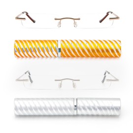 DXYXYO Mini Rimless Reading Glasses for Women Men, 2 Pack Slim Pocket Compact Metal Readers with Small Portable Case +1.75, Silver and Gold