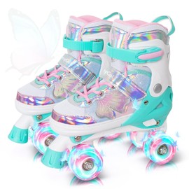 MammyGol Kids Roller Skates for Girls or Boys, 4 Size Adjustable Roller Skates for Toddler with Beautiful Butterflies, Beginner Kids Light up Roller Quad Skates Indoor Outdoor (Teal)