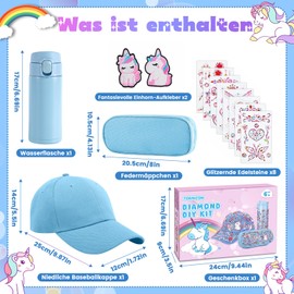 YOOHBERRYS Gifts for Girls, DIY Drinking Bottle, Baseball Cap, Pencil Case, Craft Sets, Drinking Bottle with Unicorn Stickers, Birthday Gift, Back to School for Girls 4 5 6 7 8 9 Years (Blue)