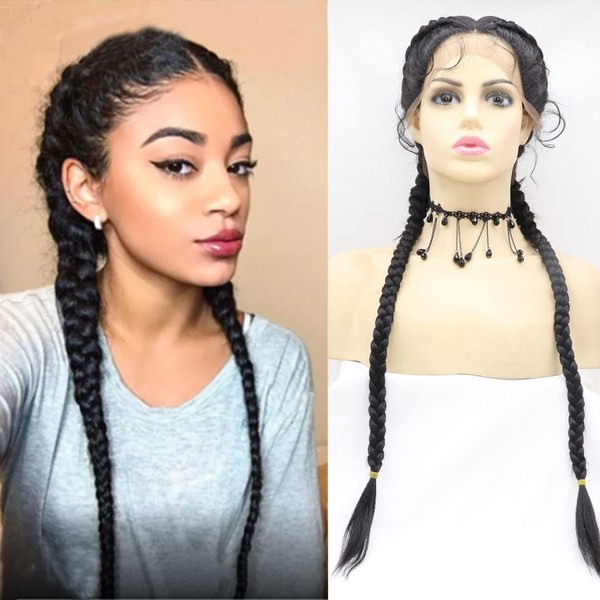 AFBeauty Black Double Braided Wigs With Baby Hair 32" Extra Long Synthetic Braided Lace Front Wig Glueless Box Braids 360 Full Lace Wig Heat Resistant Fiber Hair Drag Queen Halloween Makeup Part Wig