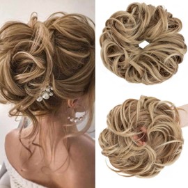 S-Noilite Messy Buns Hair Pieces Curly Hair Scrunchies for Women Donut Updo Hair Chignons Synthetic Ponytail Bun Extensions - Light Brown to Ash Blonde