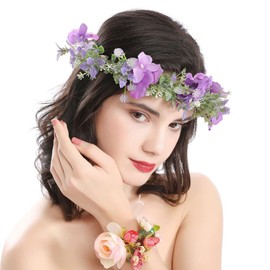 Faylay Hawaiian Flower Crown Boho Flower Headband Maternity/ Bridal Flower Crown Wedding Floral Hair Wreath (1 Purple)