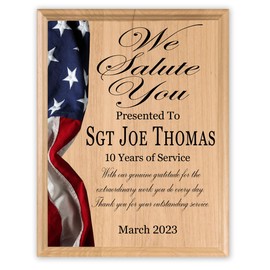 We Salute You - Military or Law Enforcement Recognition Plaque CUSTOM Award for Military, Government Service, Law Enforcement Achievement or Retirement 8.5in x 11in Solid Wood