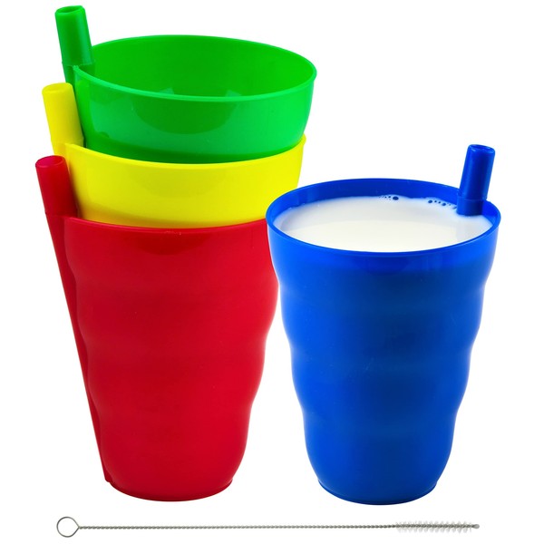 Green Direct Taza con pajita de 10 oz. Vaso de plástico con popote integrado para niños, varios colores, paquete de 4