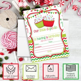 Christmas Cupcake Red and Green December Birthday Party Invitations, 20 5"x7" Fill In Cards with Twenty White Envelopes by AmandaCreation