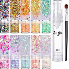 Body Glitter 12 Flaschen,Festival Accessoires Pailletten Für Haare, Augen, Hals, Nagel Gesichts-Make-Up,Funkelndes Schimmer-Make-up für Gesicht und Körper, Lang anhaltend,Party & Festival