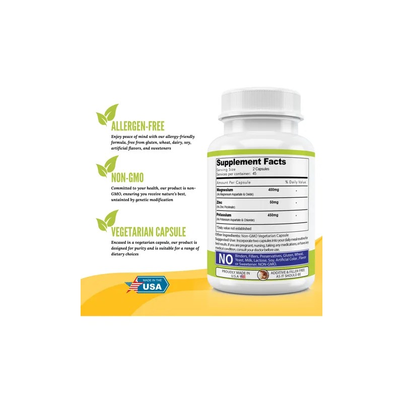 Magnesium Potassium Zinc Cápsulas 90 Vegano Suplemento