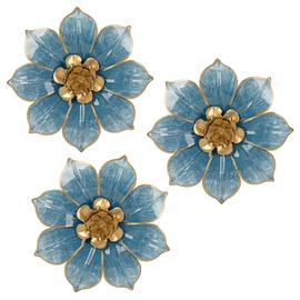 Metal Flowers Wall Decor Blue and Gold Wall Art Hanging Decorations 3 Pc Rustic Modern Floral Sculpture Wall Accent Artwork Indoor Outdoor for Bathroom Bedroom Living Room Garden Patio Porch 10 Inch