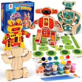 Mocoosy Wooden Robot Painting Art Craft Kit for Kids, Build Your Own Robot Painting Kit with Paints and Stickers,Wood Take Apart Robot Snap Together Building Toy Games Gift for Ages 3 4 5 8 Boys Girls