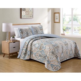 Luxury Home Collection 3 Piece King/California King Quilted Reversible Coverlet Bedspread Set Floral Printed Blue Taupe