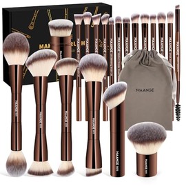 MAANGE Brochas de Maquillaje Profesional 20 Piezas Set de Brochas Maquillaje de Aluminio con Estuche de Terciopelo Sombra de Ojos en Polvo para Base de Maquillaje Perfecta para Regalar(Marrón)