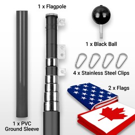 G128 Combo Pack: 25 Ft Telescoping Aluminum Flagpole (Black) & American and Canada Flags 3x5 Ft, Both ToughWeave Series Embroidered Polyester | Pole with Flags Included