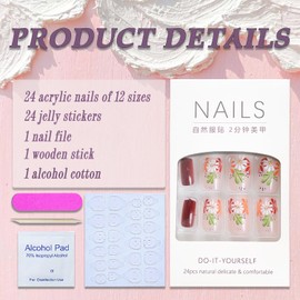 Christmas Fake Nails Short Square Wine Red Winter Press on Nails Full Cover Xmas Red White Chrysanthemum False Nails with Designs Glossy Glue on Nails Manicure Artificial Nails for Women Girls 24Pcs