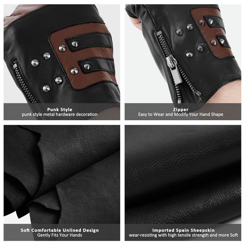 FIORETTO Mens Genuine Leather Fingerless Gloves Unlined Half Finger Punk