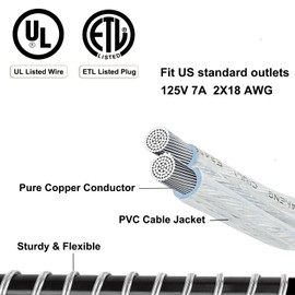 2 Pack Clear Extension Cord 6 feet, UL & ETL Certified Indoor Thin 2-Prong Power Cable for Lamps, Night Lights, Small Decor