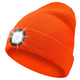 Yontune LED Beanie Hat with Light Rechargeable Lighted Cap Soft Acrylic Knitted Winter Skullcap for Men Women Gift Orange