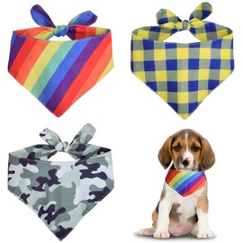 Dog Bandanas 3 Pack Puppy Summer Bandanas Set Washable Rainbow Camouflage Plaid Dog Scarfs (Large)