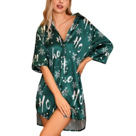 Anjue Silk Nightshirt 3/4 Sleeve Loungewear Satin Pajama Tops for Women Christmas Silk Sleepwear Plus Size(Green Snow,M)