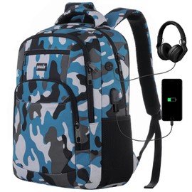 Paude 17 inch Backpack for Men,College Backpack School Bookbag for Teens,Travel Laptop Bookbag with USB Port and Headphone Hole,Camouflage Blue