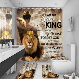 4Pcs Lion King Shower Curtain Set, Inspirational Black Man Bathroom Decor Shower Curtains and Rugs Toilet Lid Cover Bath Mat, Waterproof Africa American Shower Curtain for Man