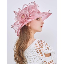 Z and X Organza Church Fascinator Kentucky Derby Hats for Women Flower Wedding Tea Party Hat Wide Brim Sun Hat Pink,purple,One Size