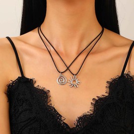 Cybche Boho Layered Leather Necklace Choker Vintage Black Leather Cord Sun Pendant Necklace Silver Spiral Swirl Chain Set Jewellery for Women, Zinc