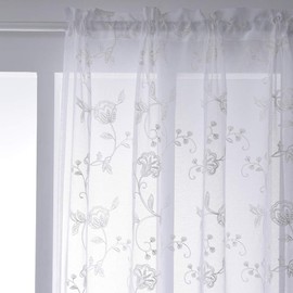 Sheer Curtains Floral Embroidery White 84 Inch Long Rod Pocket Lace Drapes for Living room, Bedroom, 2 Panels, 52"x84", Semi Voile Pattern Outdoor Window Treatment Sets for Yard, Patio, Villa, Parlor.