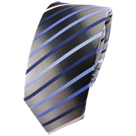 TigerTie Slim Designer Tie in Striped Patterned - Tie Binder Tie, Blue, light blue, silver, grey, white, black