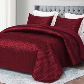 Whale Flotilla Silky Soft Satin Quilts Queen Size, Luxury Reversible Lightweight Bedspreads Covelets for All Seasons, Leaf Stitched Pattern Bedding Set with Satin Pillowcases, Red