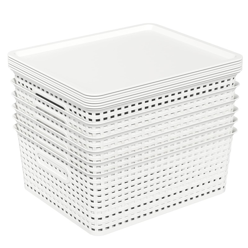 Xowine 6-Pack Plastic Woven Basket with Lids, Lidded Storage Bin,