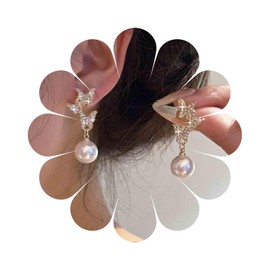 Yheakne Vintage Crystal Pearl Dangle Earrings Cz Butterfly Pearl Drop Earrings Gold Butterfly Pearl Earrings Rhinestone Butterfly Stud Earrings Jewelry for Women