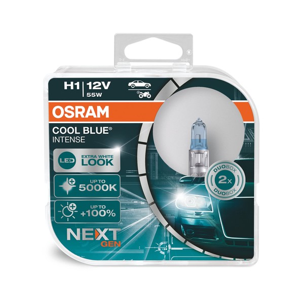 OSRAM COOL BLUE INTENSE H1, 100% más de brillo, hasta 5000 K, lámpara halógena para faros delanteros, aspecto LED, caja dúo (2 lámparas) 64150CBN-HCB