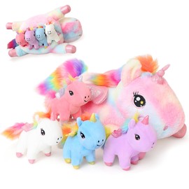 Xfrog Colored Unicorn Stuffed Animals with 4 Babies in Her Tummy, Tie-dyed Flying Unicorn Plushies with Wings Birthday Gifts for Kids Boys Girls