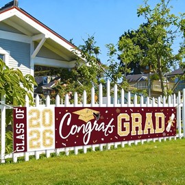 Graduation Banner Class of 2026 - Large Congrats Grad Yard Sign 2026 Maroon Gold Congrats Grad Banner Fence Yard Sign for Graduation Decorations Party Supplies