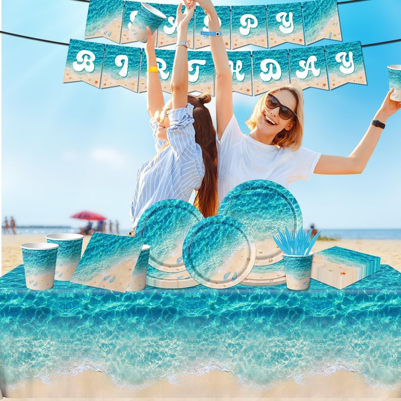 Beach Party Supplies, 142Pcs Ocean Waves Birthday Party Supplies Tableware