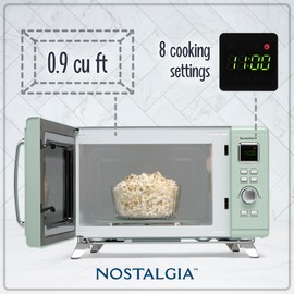 Nostalgia MCMO9FTSG Mid-Century Retro 0.9 Cu. Ft. 900-Watt Countertop Microwave Oven with LED Display, 5 Power Levels, 8 Cook Settings, Seafoam Green
