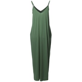 Casual Premium Adjustable Strap Side Pockets Loose Long Maxi Dress Army Green 2X