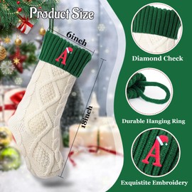 Ulico Initial Christmas Stockings, 18’’ Large Embroidered Monogram Knit Christmas Stocking,Xmas Stocking for Kids, Holiday and Family Stocking for Fireplace or Party Decoration White-Green Letter T