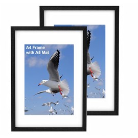 Szyeequoo A4 Picture Frame 2 Pack, 21x29.7cm Adjustable Horizontal/Vertical Display Photo Frame with Tabletop Stand & Wall Hanging, Black A4 Frames for Home/Office Decor (Matted to A5 Frame)