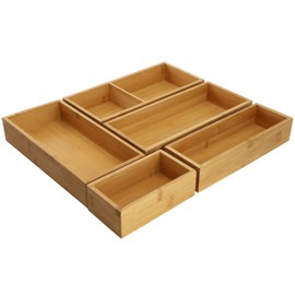 Elama 5 Piece Bamboo Wood Drawer Organizer Tray, Utensil Storage, Desk Drawer Storage (5 Piece Trays)