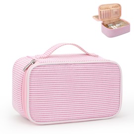 Relavel Cute Makeup Bag for Girls, Portable Pink Cosmetic Bag, Dual-layer Makeup Pouch with Brush Holder, Multi-Functional Preppy Toiletry Organizer for Travel, Daily Use - Pink Strip