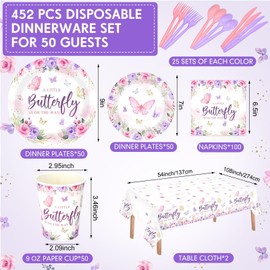 Funnymoom 452 Pcs Butterfly Baby Shower Party Supplies Set a Little Butterfly Is on the Way Party Decorations Include Butterfly Paper Plates Napkins Cups Tablecloth Cutlery Straws for ladies Spring