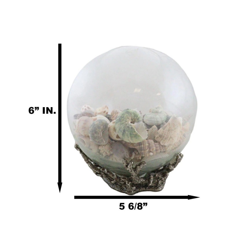 Nautical Marine Sea Shells Glass Globe Ball On Silver Coral
