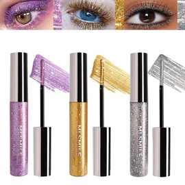 Baorder 3 Colors Glitter Mascara Eyeshadow,Lengthening Curling Volume Mascara,Sparkling Silver/Gold/Purple Diamond Mascara,Waterproof Colorful Lashes for Eyelashes Party Stage Use